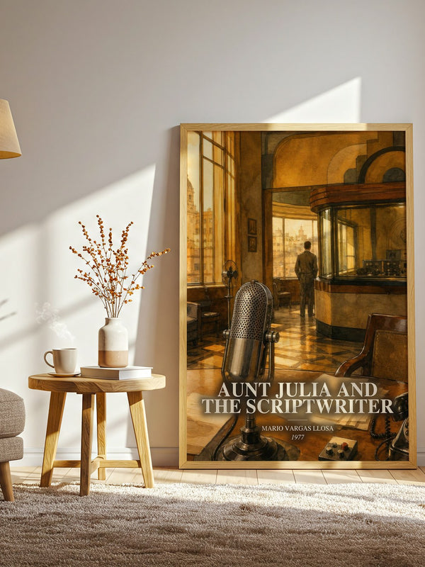 Aunt Julia and the Scriptwriter watercolour print in frame leaning in hallway – literary fiction wall art