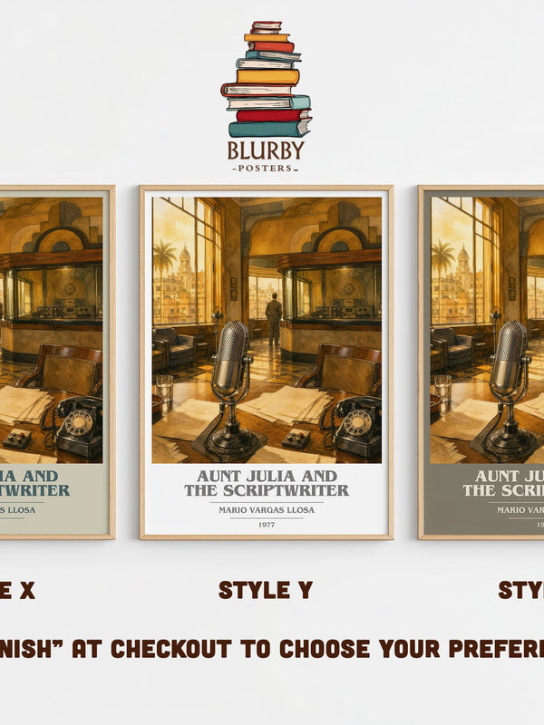 Aunt Julia and the Scriptwriter book cover print in frame leaning in hallway – literary fiction wall art