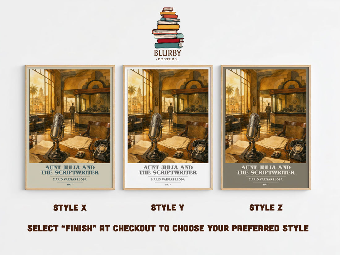 Aunt Julia and the Scriptwriter book cover print in frame leaning in hallway – literary fiction wall art (mockup)