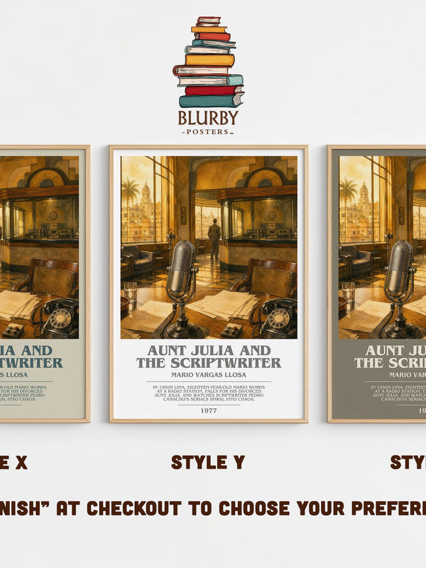 Aunt Julia and the Scriptwriter bookish print in frame leaning in hallway – literary fiction wall art