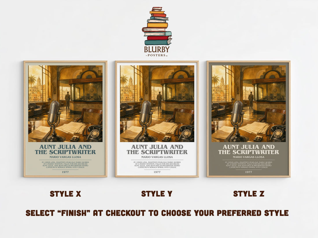Aunt Julia and the Scriptwriter bookish print in frame leaning in hallway – literary fiction wall art (mockup)