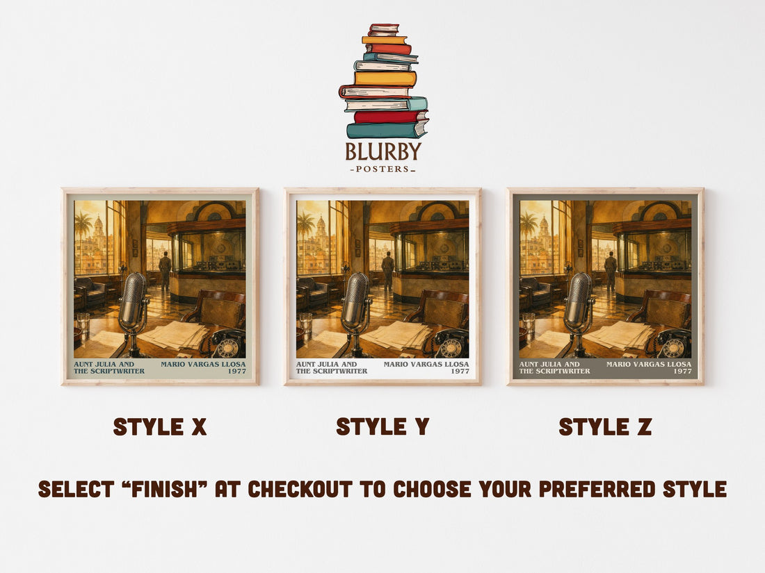 Aunt Julia and the Scriptwriter literary print in frame leaning in hallway – literary fiction wall art (mockup)