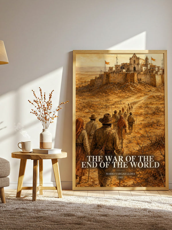 The War of the End of the World watercolour print in frame leaning in hallway – historical fiction wall art