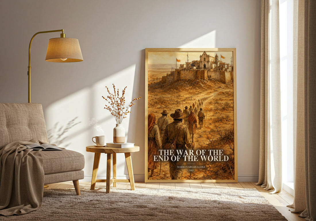 The War of the End of the World watercolour print in frame leaning in hallway – historical fiction wall art (mockup)