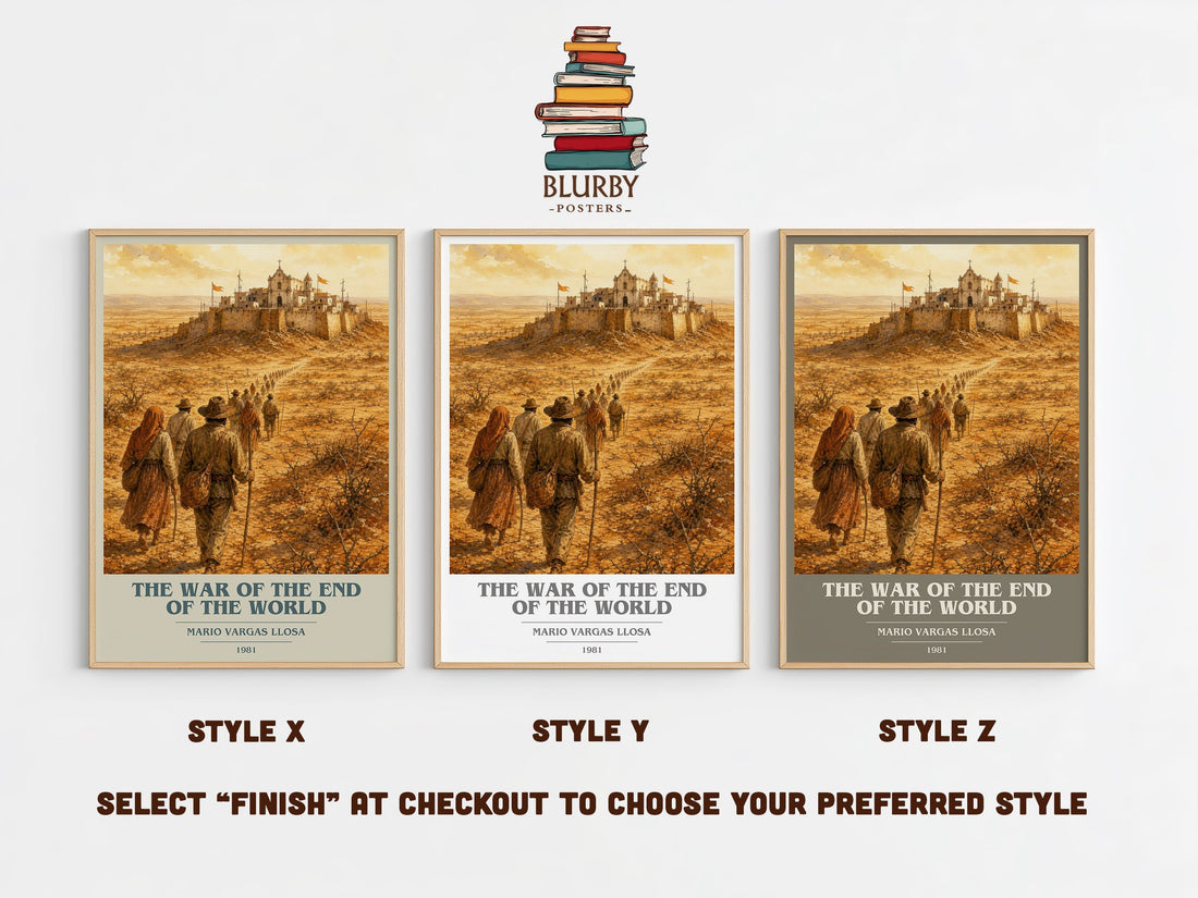 The War of the End of the World book cover print in frame leaning in hallway – historical fiction wall art (mockup)