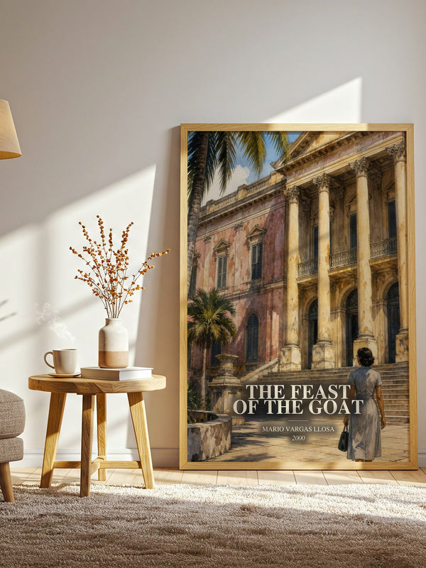 The Feast of the Goat watercolour print in frame leaning in hallway – historical fiction wall art