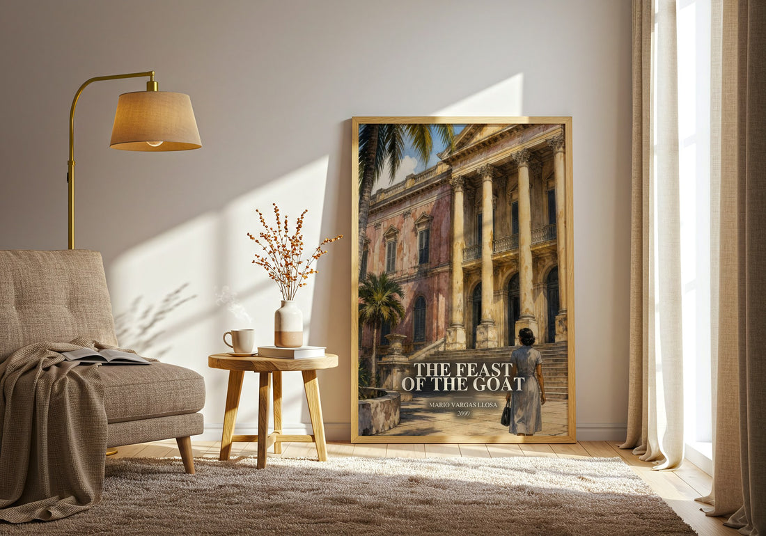 The Feast of the Goat watercolour print in frame leaning in hallway – historical fiction wall art (mockup)