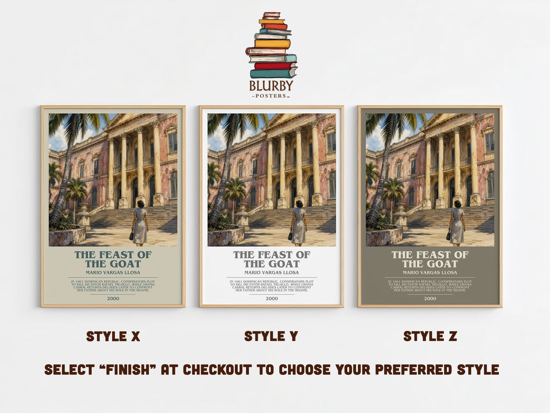 The Feast of the Goat bookish print in frame leaning in hallway – historical fiction wall art (mockup)