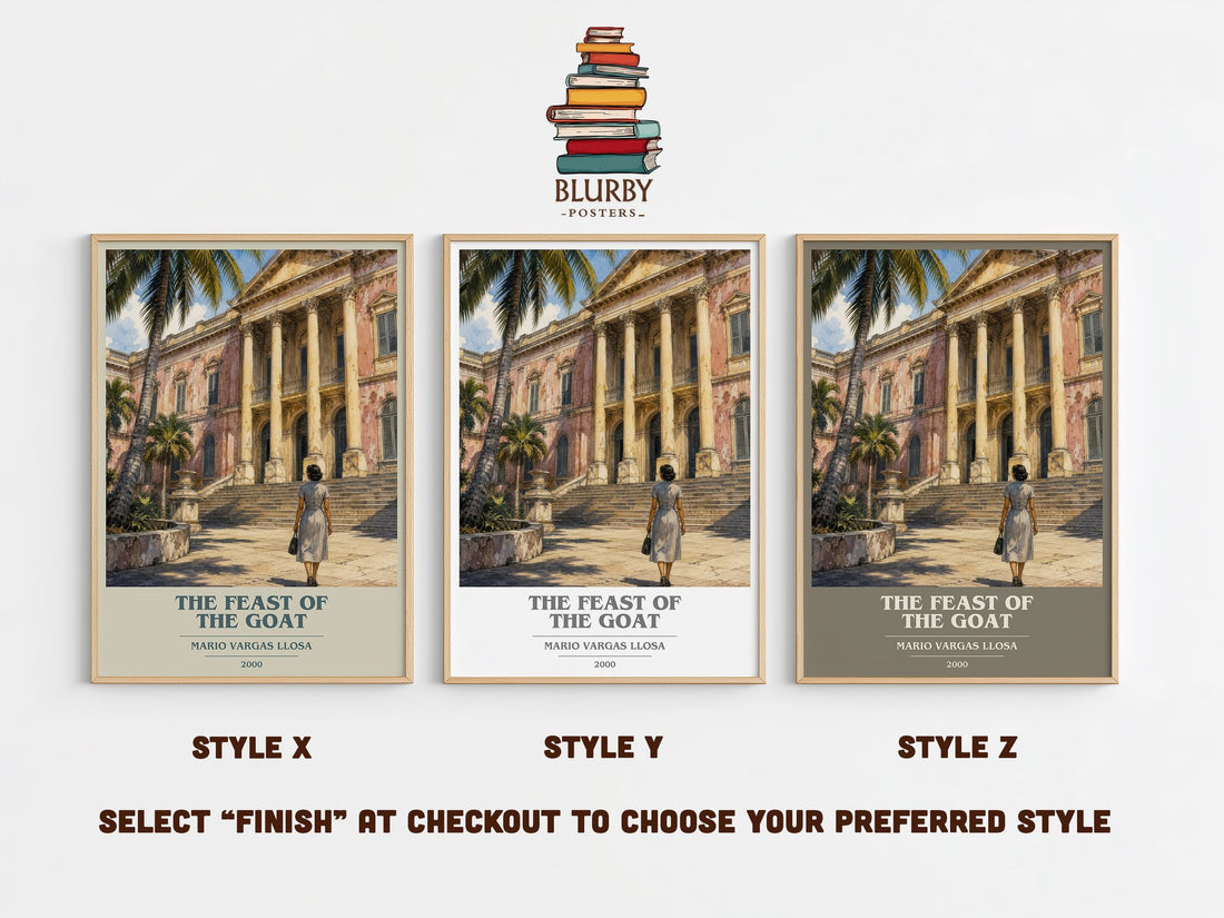 The Feast of the Goat book cover print in frame leaning in hallway – historical fiction wall art (mockup)