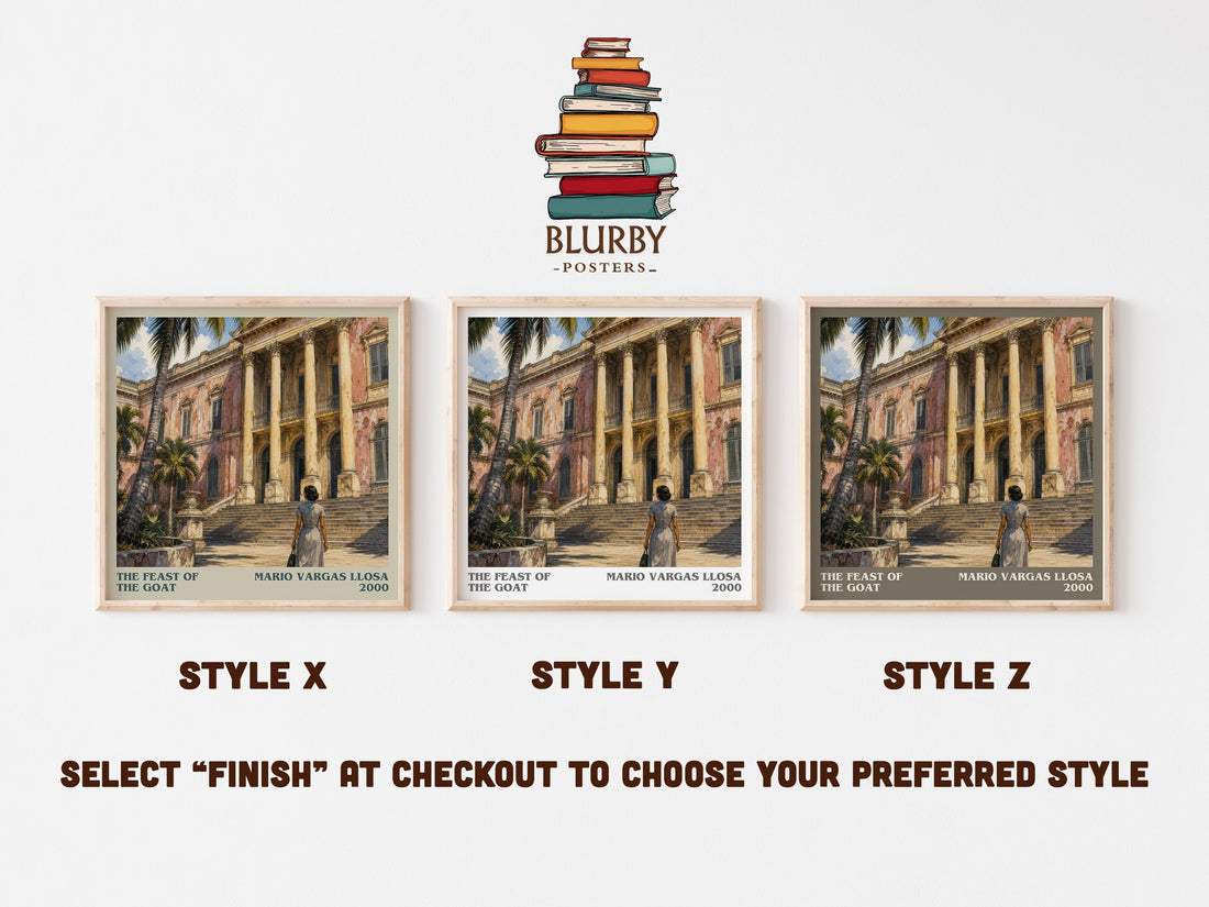 The Feast of the Goat literary print in frame leaning in hallway – historical fiction wall art (mockup)