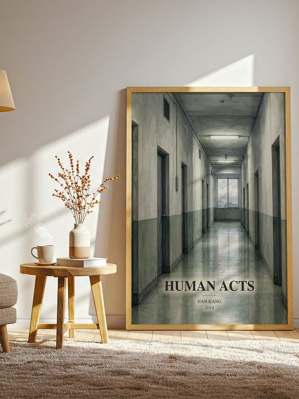 Human Acts watercolour print in frame leaning in hallway – literary fiction wall art