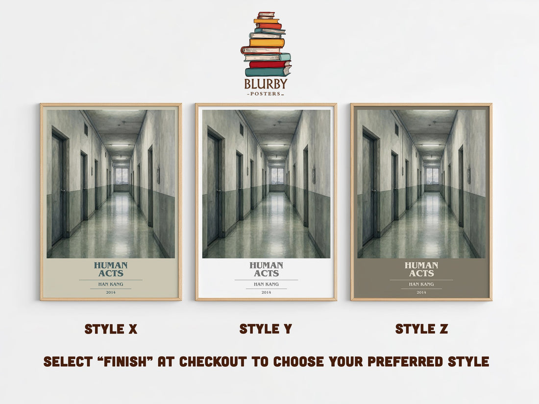 Human Acts book cover print in frame leaning in hallway – literary fiction wall art (mockup)