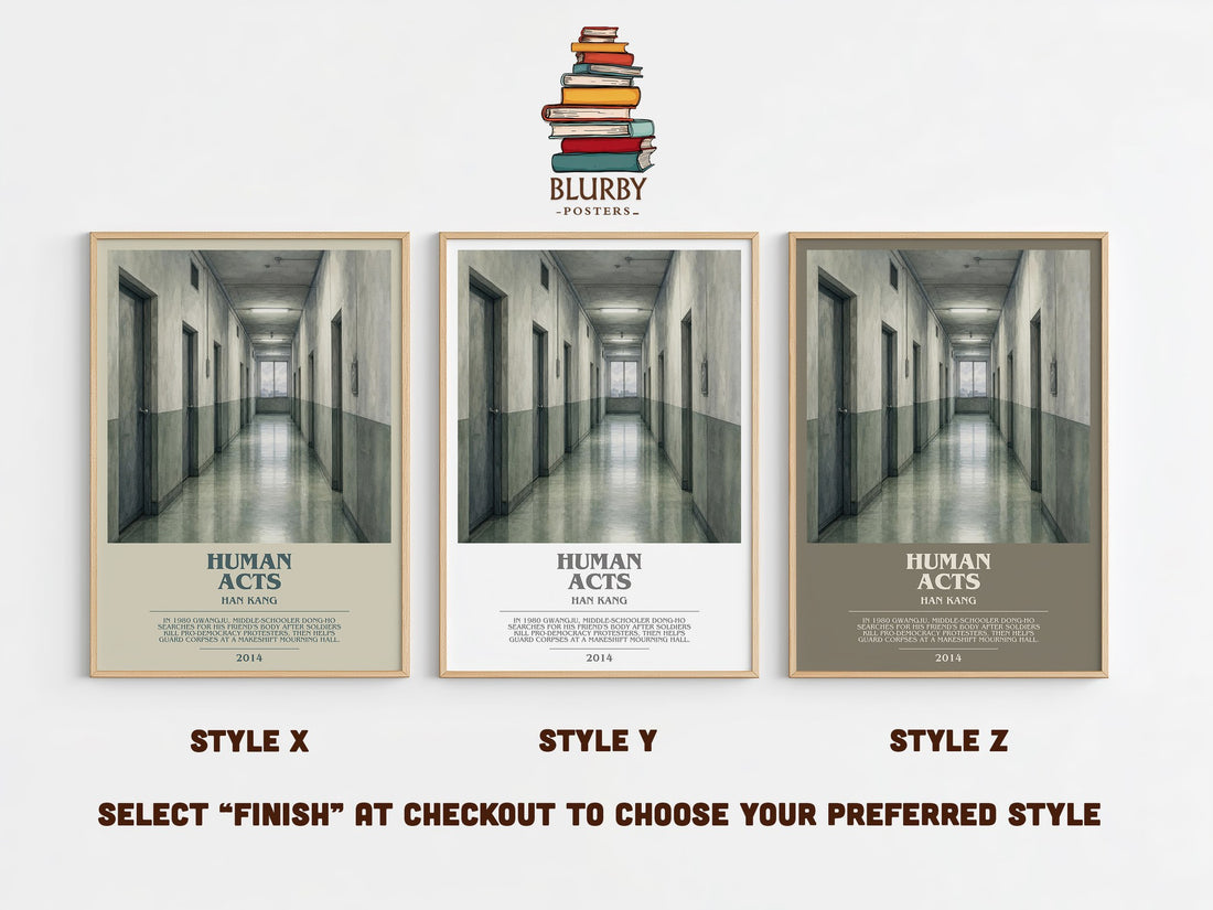 Human Acts bookish print in frame leaning in hallway – literary fiction wall art (mockup)