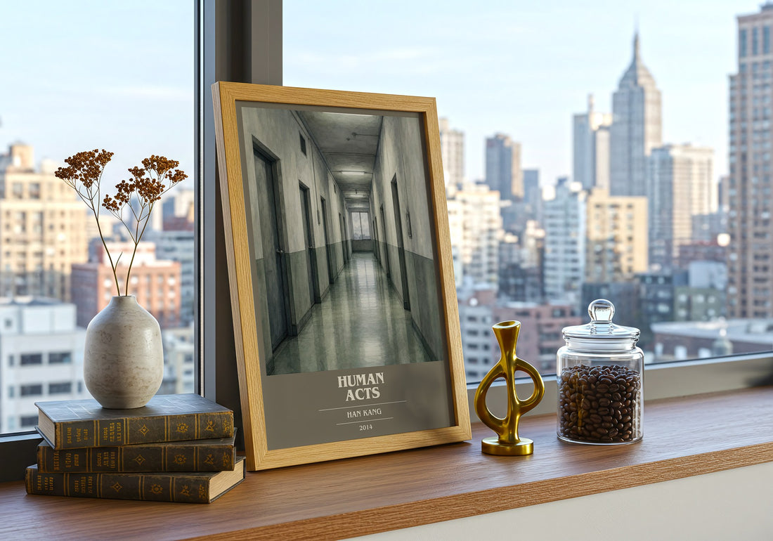 Human Acts book cover print framed by window – literary home decor
