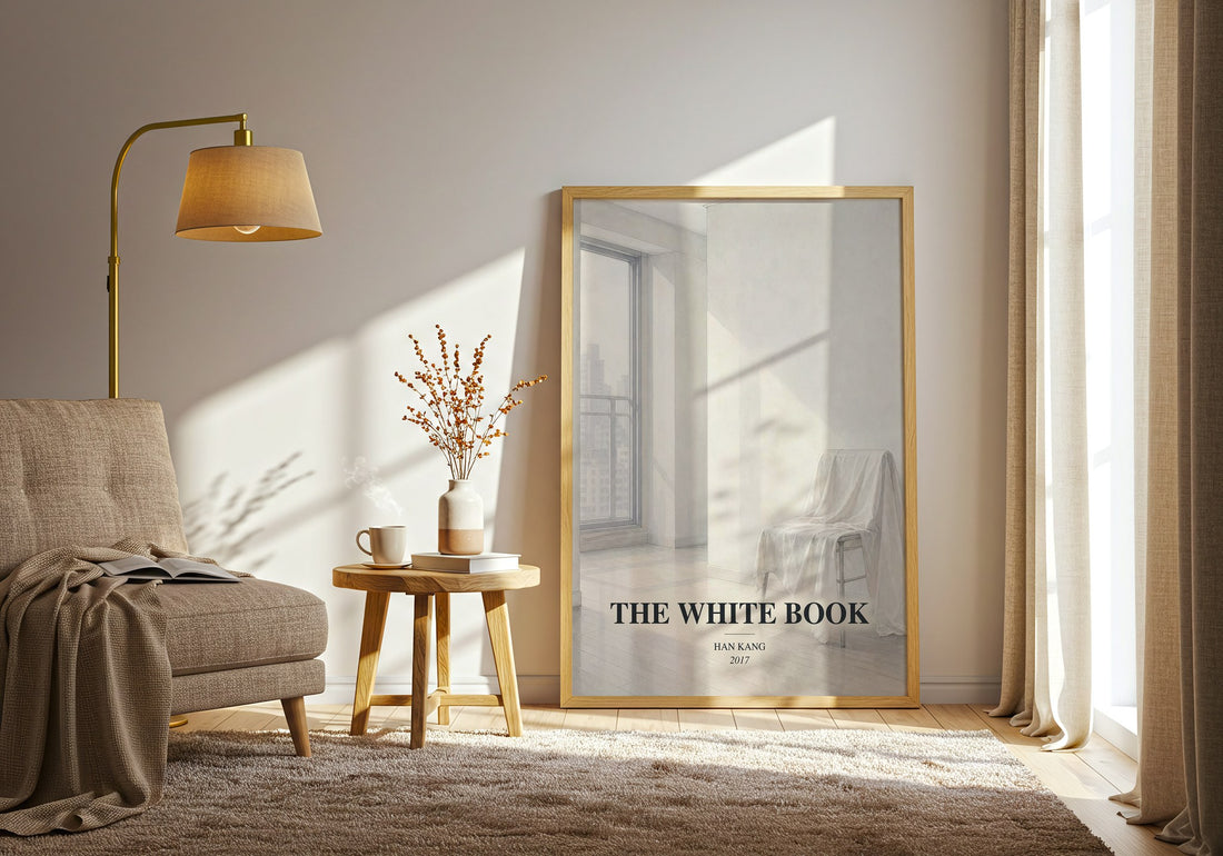 The White Book watercolour print in frame leaning in hallway – literary fiction wall art (mockup)