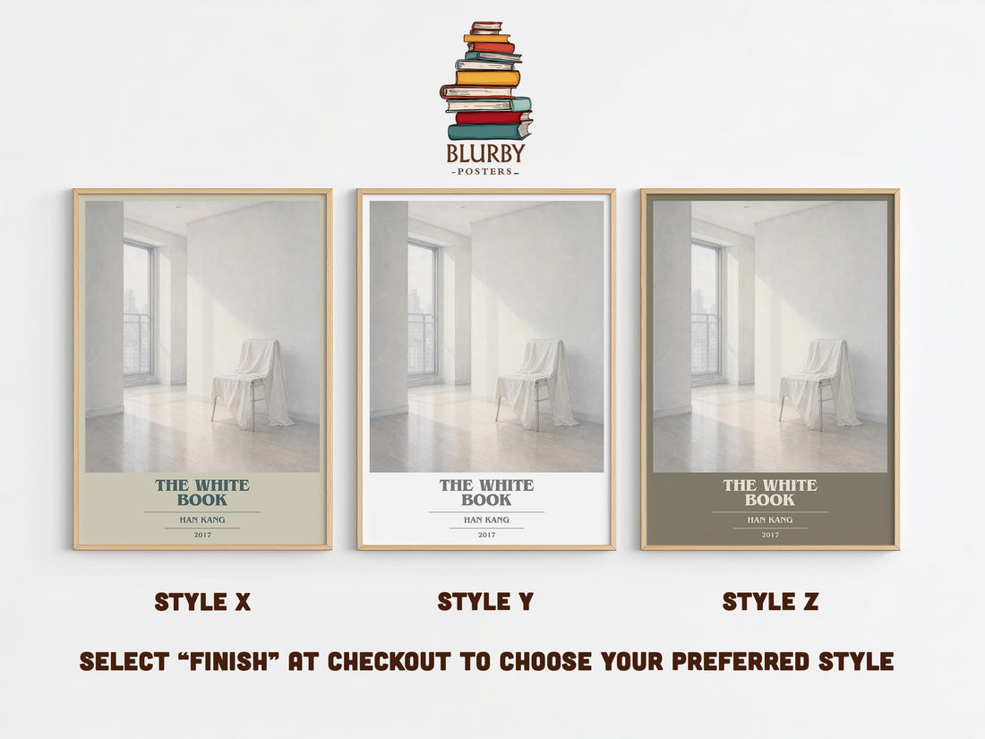 The White Book book cover print in frame leaning in hallway – literary fiction wall art (mockup)