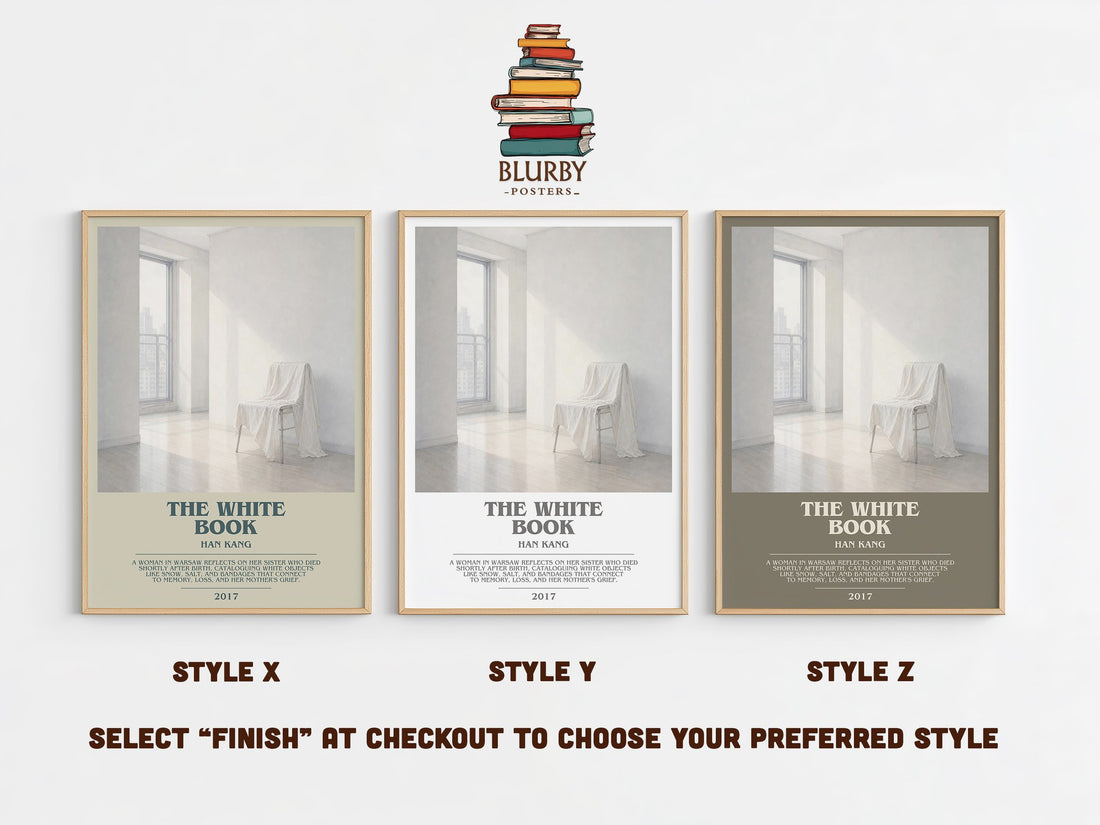 The White Book bookish print in frame leaning in hallway – literary fiction wall art (mockup)