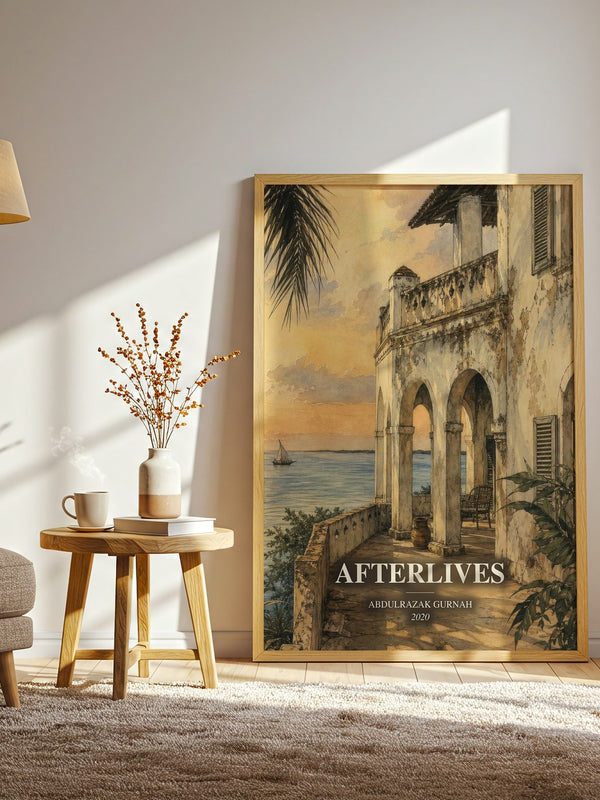 Afterlives watercolour print in frame leaning in hallway – historical fiction wall art