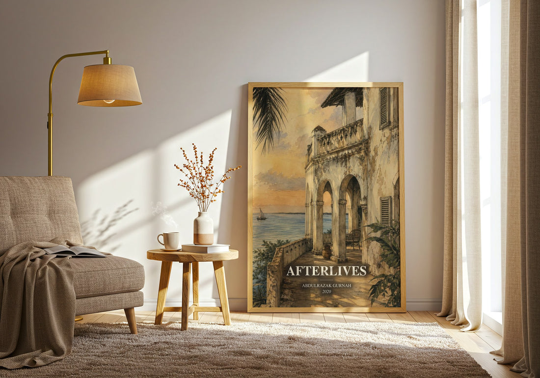 Afterlives watercolour print in frame leaning in hallway – historical fiction wall art (mockup)
