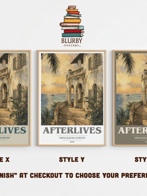 Afterlives book cover print in frame leaning in hallway – historical fiction wall art