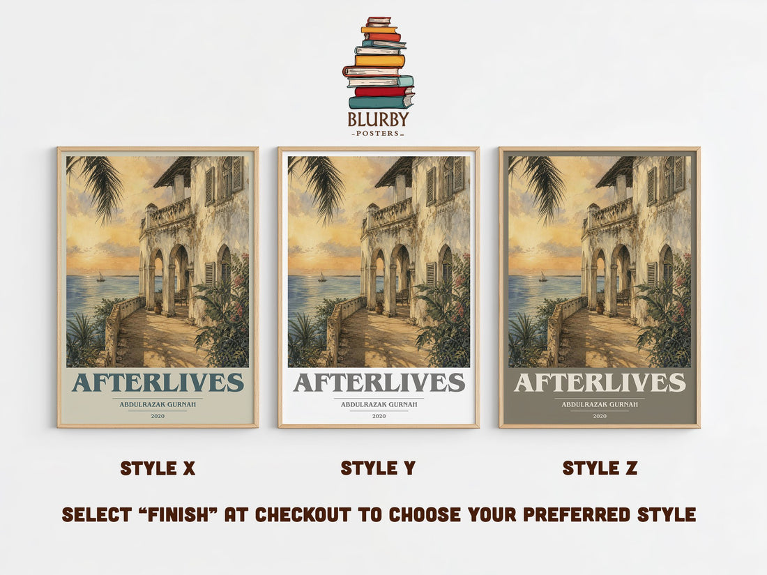 Afterlives book cover print in frame leaning in hallway – historical fiction wall art (mockup)