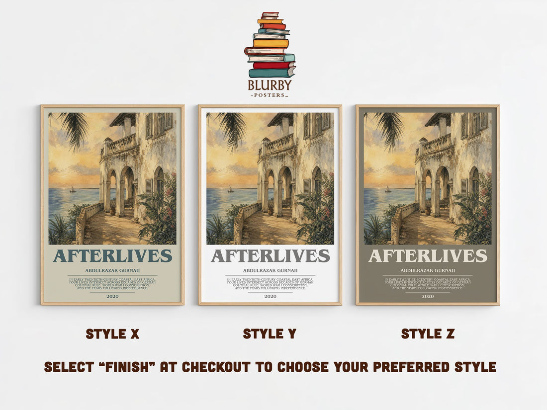 Afterlives bookish print in frame leaning in hallway – historical fiction wall art (mockup)