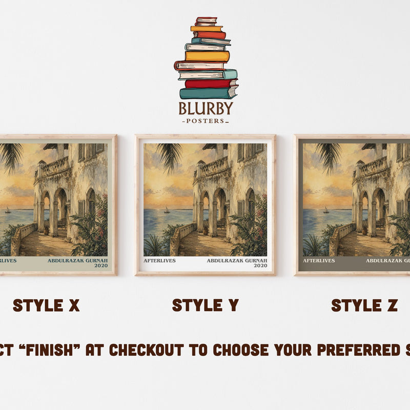 Afterlives literary print in frame leaning in hallway – historical fiction wall art