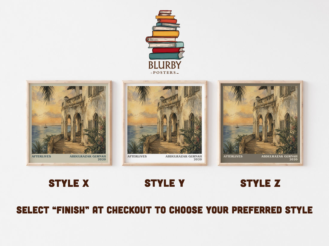 Afterlives literary print in frame leaning in hallway – historical fiction wall art (mockup)