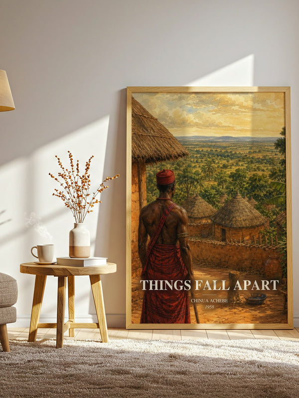 Things Fall Apart watercolour print in frame leaning in hallway – literary fiction wall art