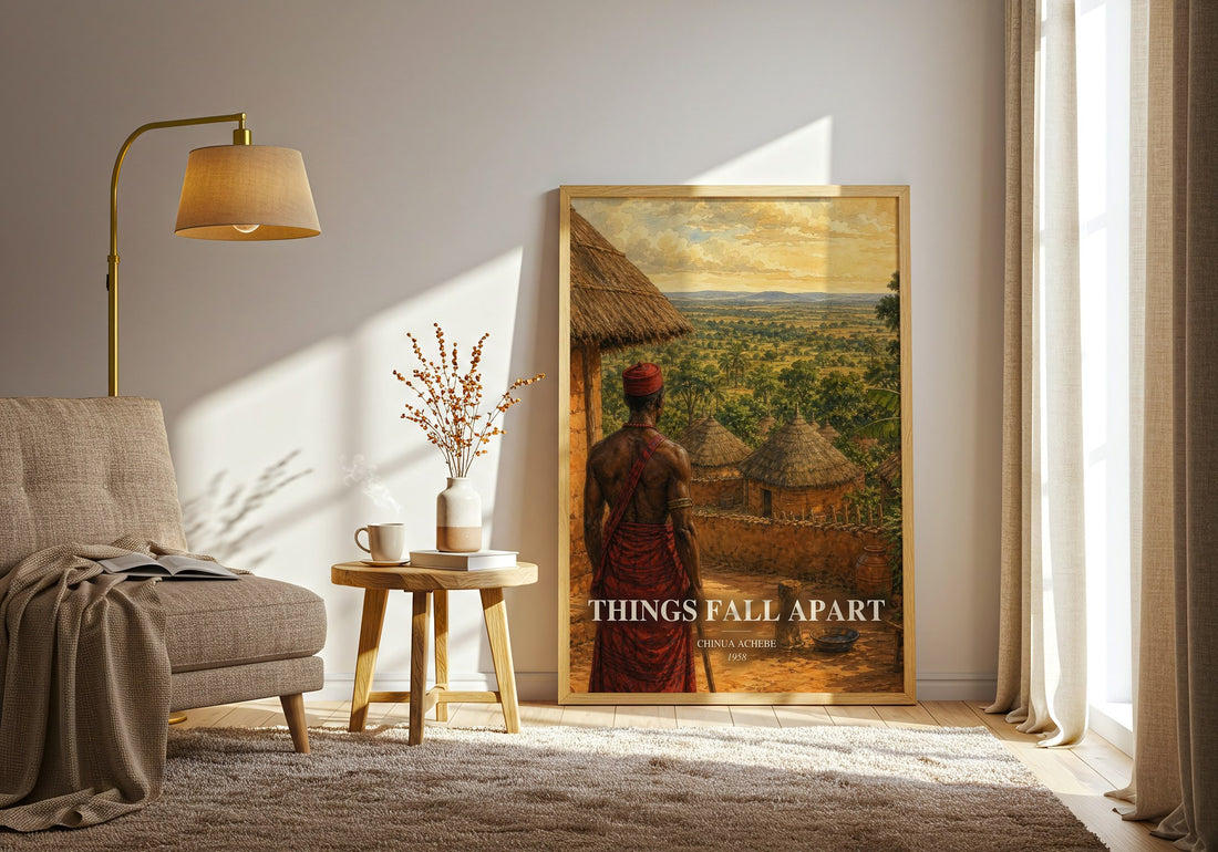 Things Fall Apart watercolour print in frame leaning in hallway – literary fiction wall art (mockup)