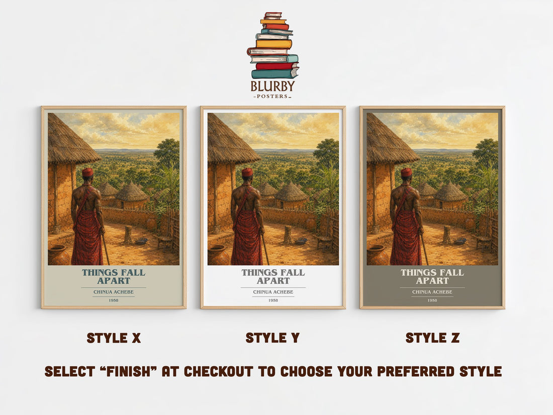 Things Fall Apart book cover print in frame leaning in hallway – literary fiction wall art (mockup)