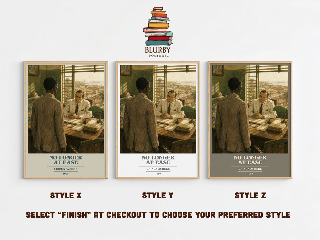 No Longer at Ease book cover print in frame leaning in hallway – literary fiction wall art (mockup)