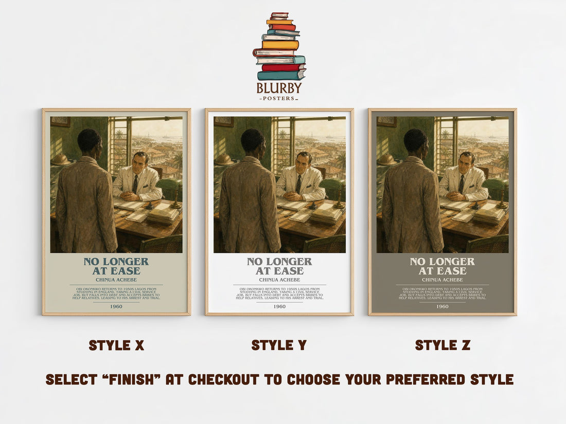 No Longer at Ease bookish print in frame leaning in hallway – literary fiction wall art (mockup)