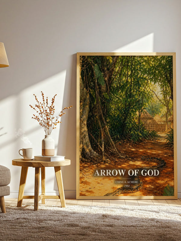 Arrow of God watercolour print in frame leaning in hallway – literary fiction wall art