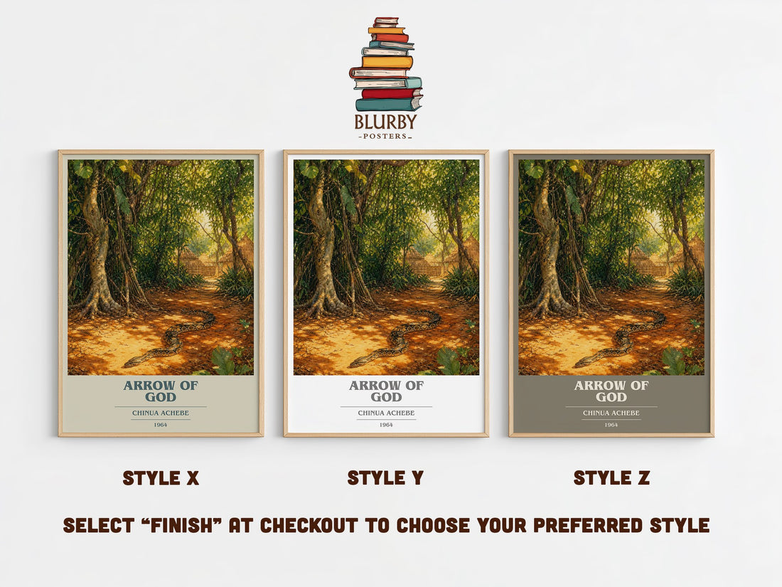 Arrow of God book cover print in frame leaning in hallway – literary fiction wall art (mockup)