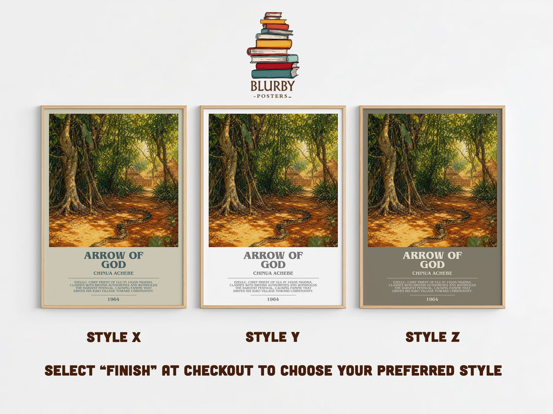 Arrow of God bookish print in frame leaning in hallway – literary fiction wall art (mockup)