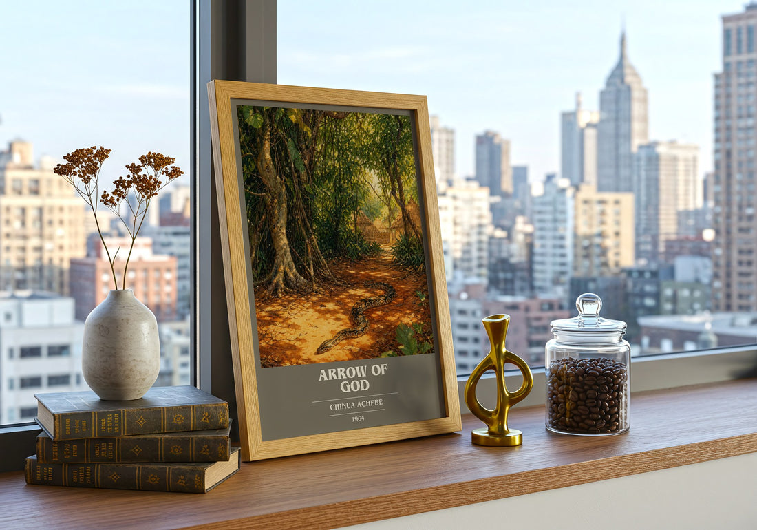 Arrow of God book cover print framed by window – literary home decor