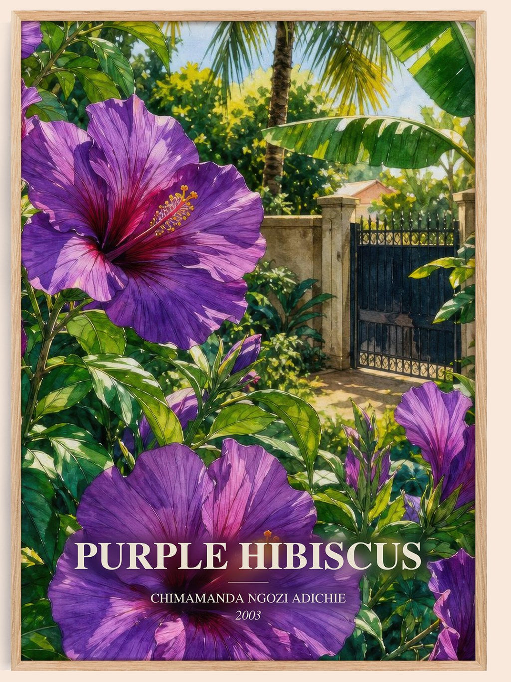 Purple Hibiscus watercolour book poster by Chimamanda Ngozi Adichie – framed literary art print