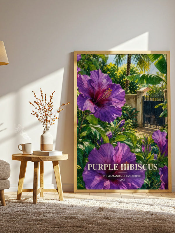 Purple Hibiscus watercolour print in frame leaning in hallway – literary fiction wall art