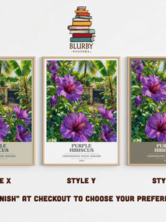 Purple Hibiscus book cover print in frame leaning in hallway – literary fiction wall art