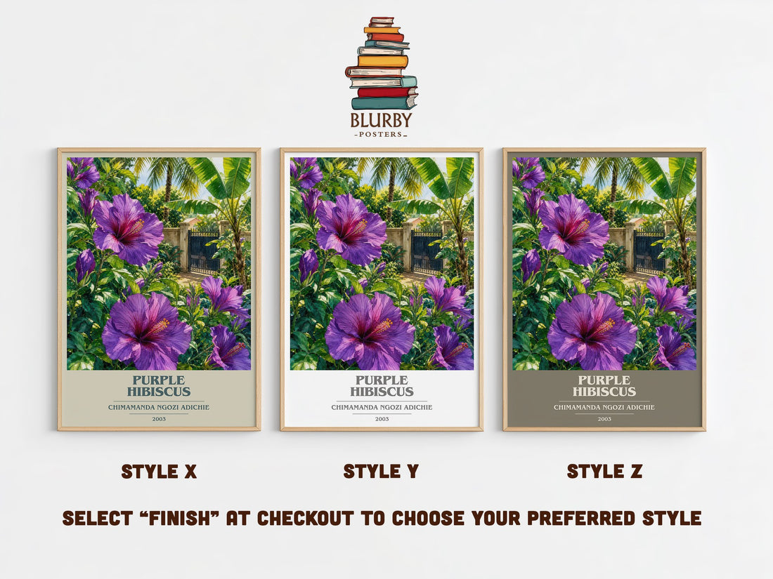 Purple Hibiscus book cover print in frame leaning in hallway – literary fiction wall art (mockup)