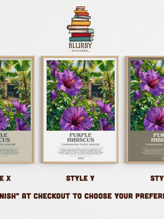 Purple Hibiscus bookish print in frame leaning in hallway – literary fiction wall art