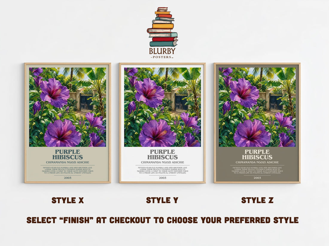 Purple Hibiscus bookish print in frame leaning in hallway – literary fiction wall art (mockup)