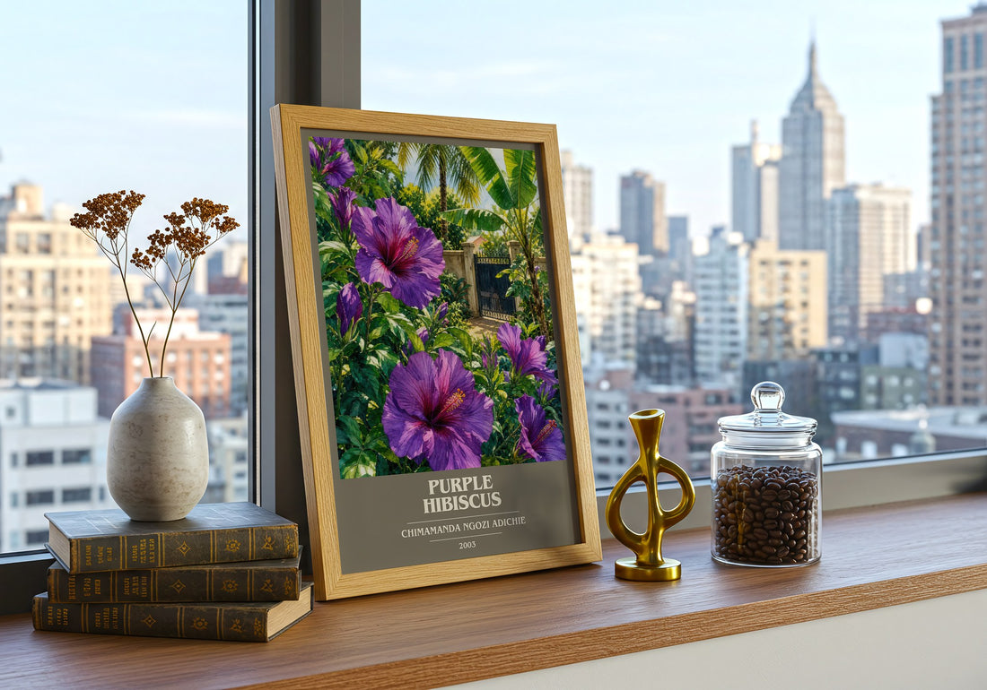 Purple Hibiscus book cover print framed by window – literary home decor