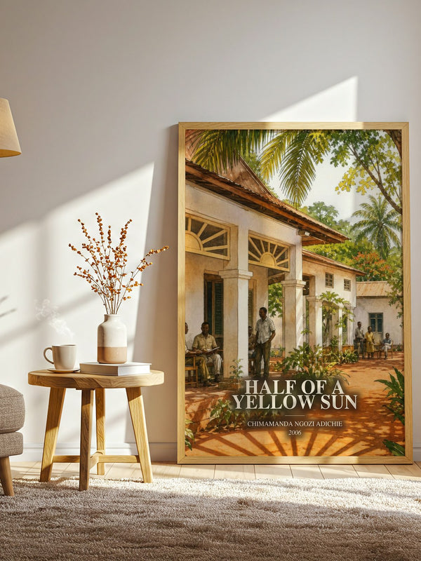 Half of a Yellow Sun watercolour print in frame leaning in hallway – historical fiction wall art