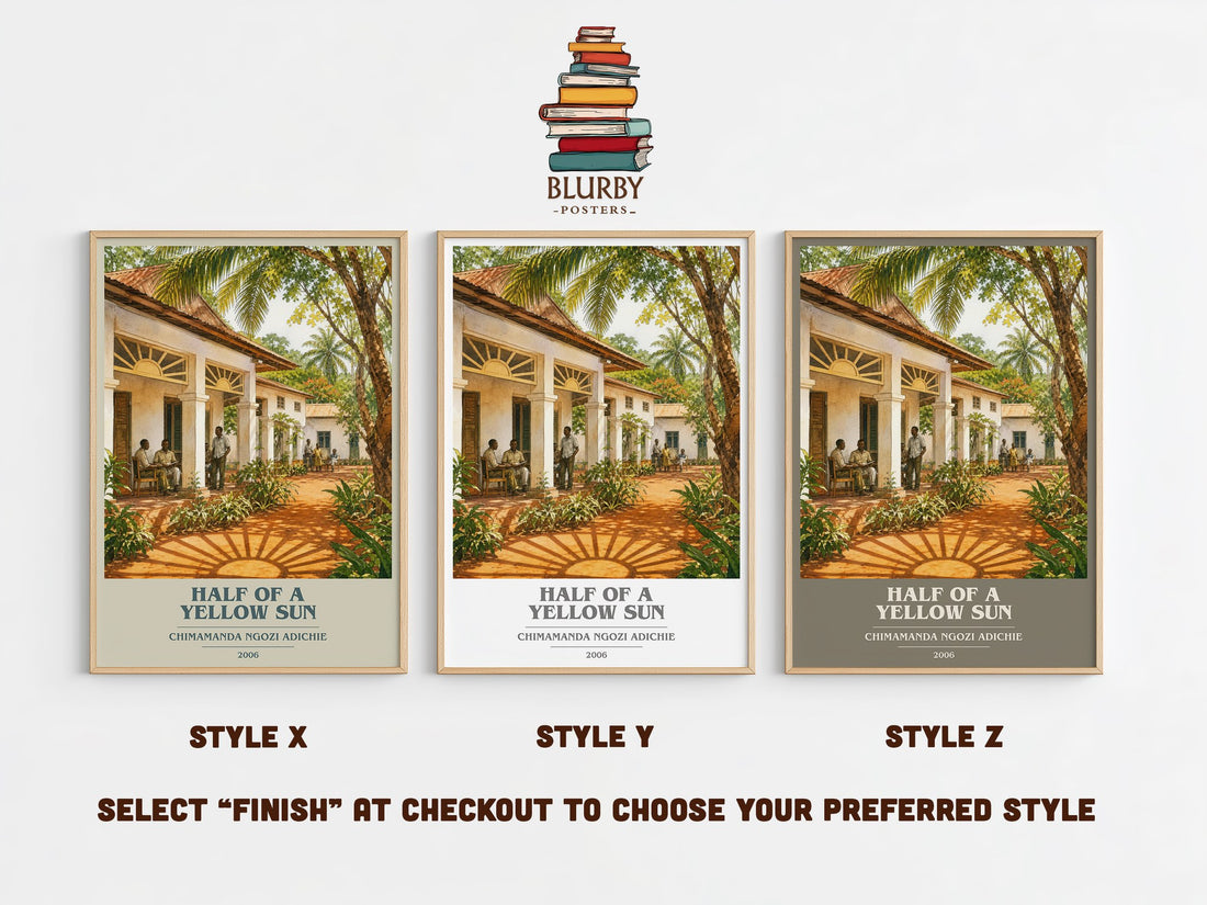 Half of a Yellow Sun book cover print in frame leaning in hallway – historical fiction wall art (mockup)
