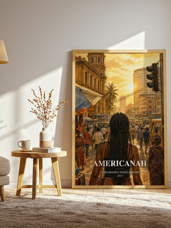 Americanah watercolour print in frame leaning in hallway – contemporary fiction wall art