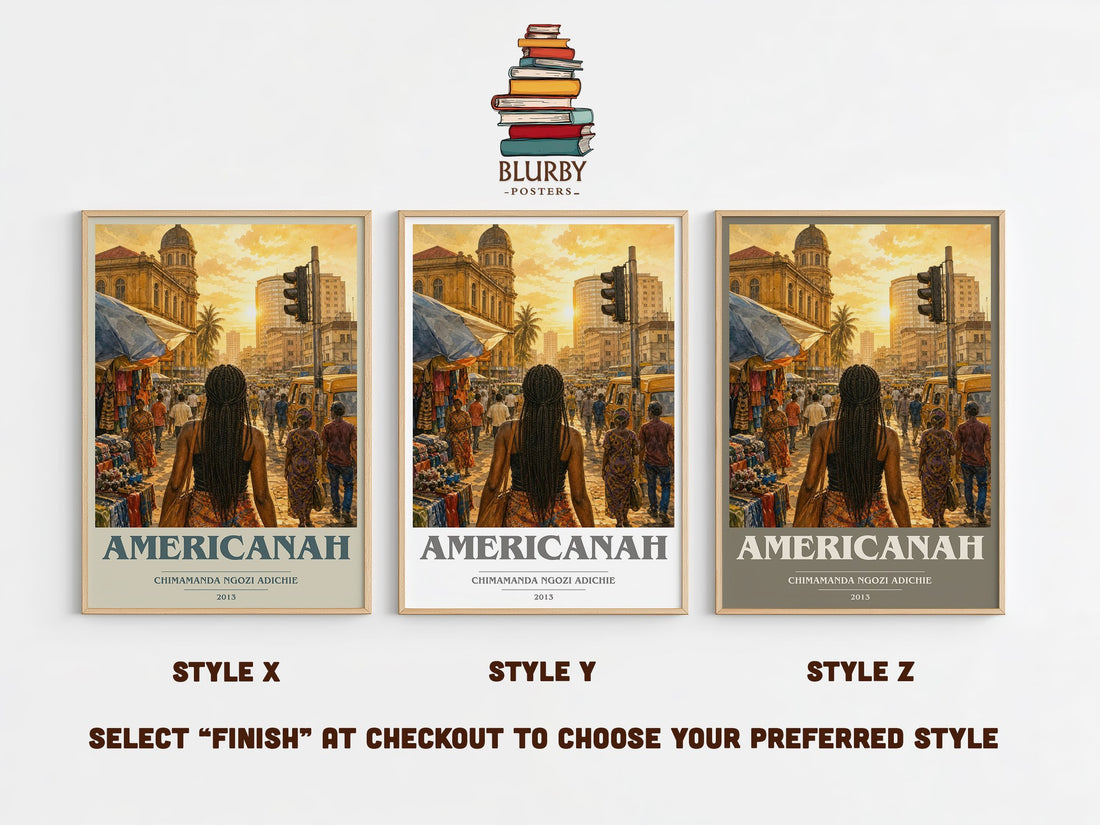 Americanah book cover print in frame leaning in hallway – contemporary fiction wall art (mockup)