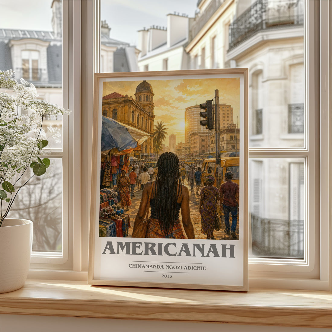 Americanah Book Cover Poster by Chimamanda Ngozi Adichie – framed print by a bright window