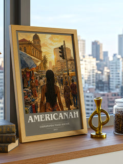 Americanah Book Cover Poster by Chimamanda Ngozi Adichie – framed print on a city-view windowsill
